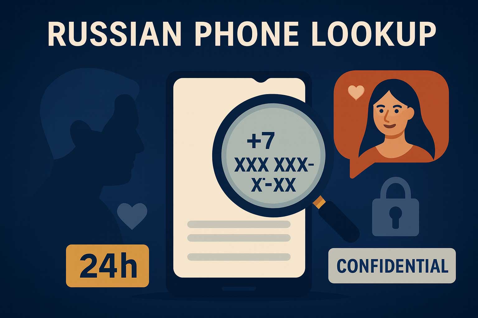 Smartphone with a Russian +7 number under a magnifying glass, verified shield and red flags
