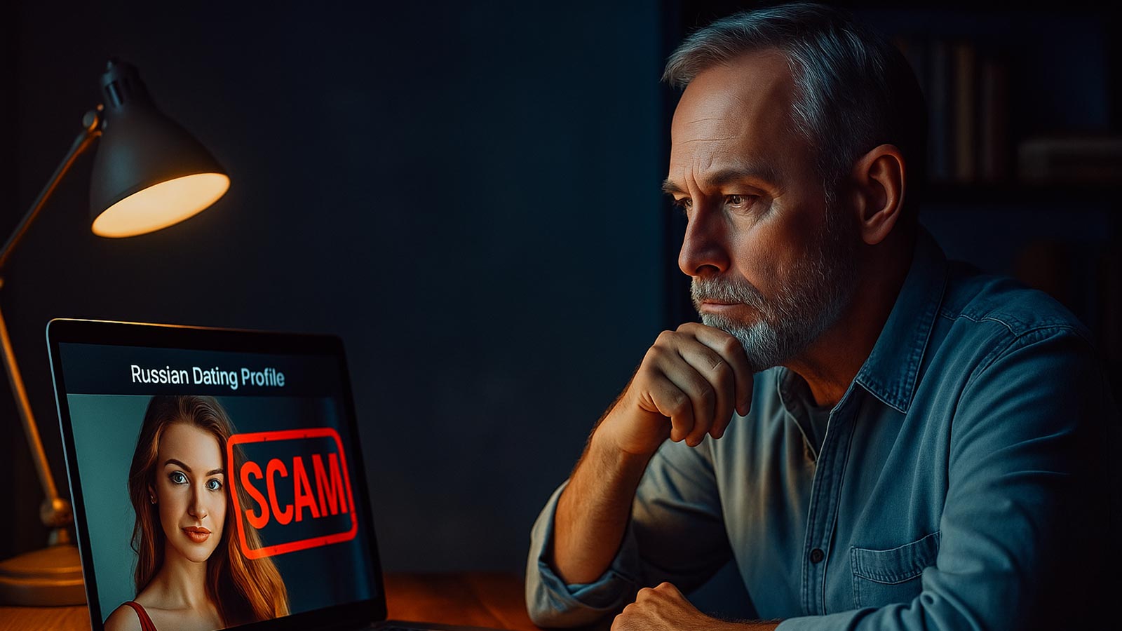 Middle-aged man reviewing a Russian dating profile on his laptop with a red scam warning